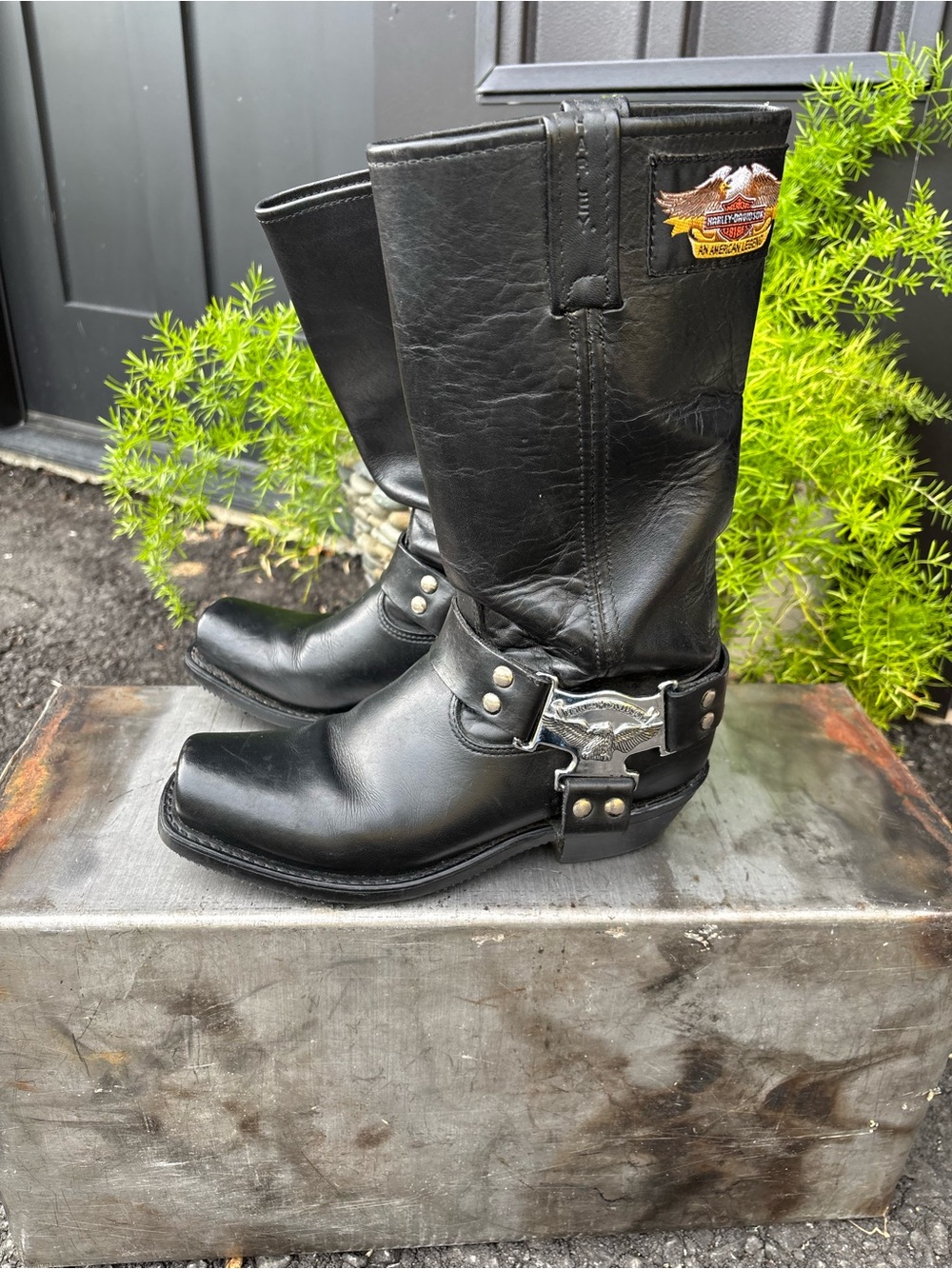 VTG 90’s HARLEY DAVIDSON Leather Motorcycle Harness Riding Boots,Moto,Black, 8 M